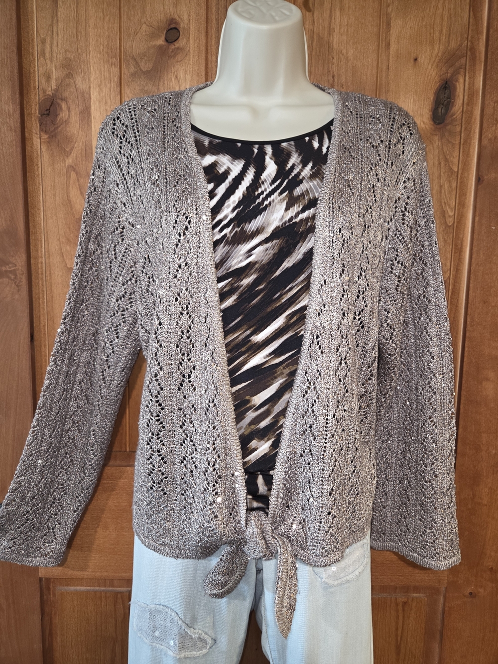 Alfred Dunner Open-Knit Tie-Front Cardigan - Taupe